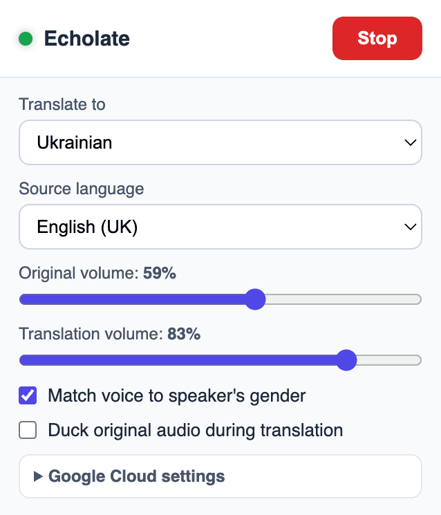 The Echolate popup: pick a language, press Start, keep watching.